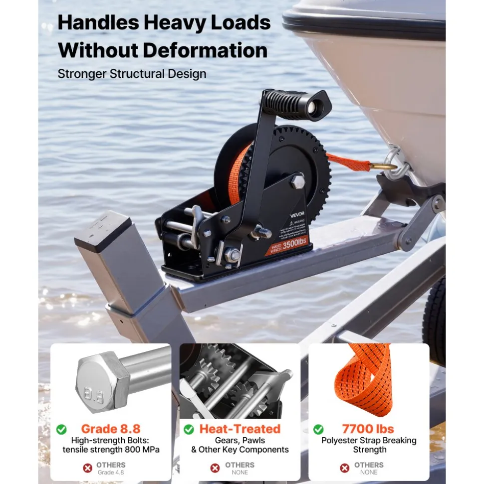 VEVOR Boat Winch, 3500 lbs Hand Winch, Heavy Duty Manual Rope Crank with 20ft Orange Polyester Strap, Portable Two-Way Ratchet, 2 Speed Switchable, Anti-Slip Handle Gear for Boat Trailer ATV Towing