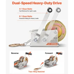 VEVOR Boat Winch, 3500 lbs Hand Winch, Heavy Duty Manual Rope Crank with 20ft Orange Polyester Strap, Portable Two-Way Ratchet, 2 Speed Switchable, Anti-Slip Handle Gear for Boat Trailer ATV Towing