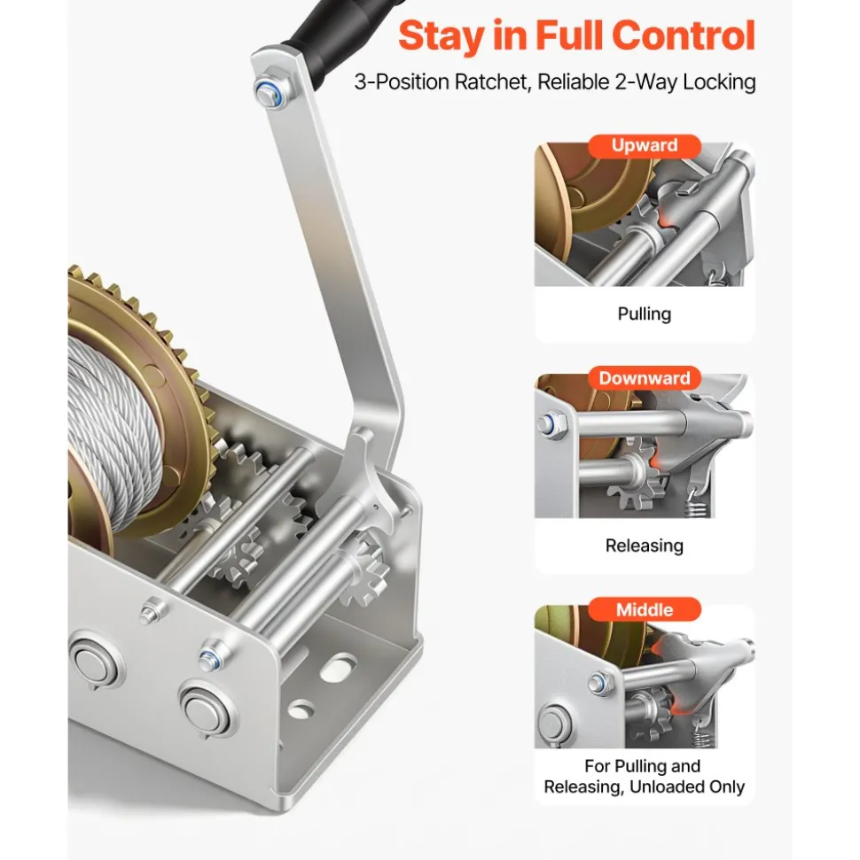 VEVOR Boat Winch, 3500 lbs Hand Winch, Heavy Duty Manual Rope Crank with 20ft Orange Polyester Strap, Portable Two-Way Ratchet, 2 Speed Switchable, Anti-Slip Handle Gear for Boat Trailer ATV Towing