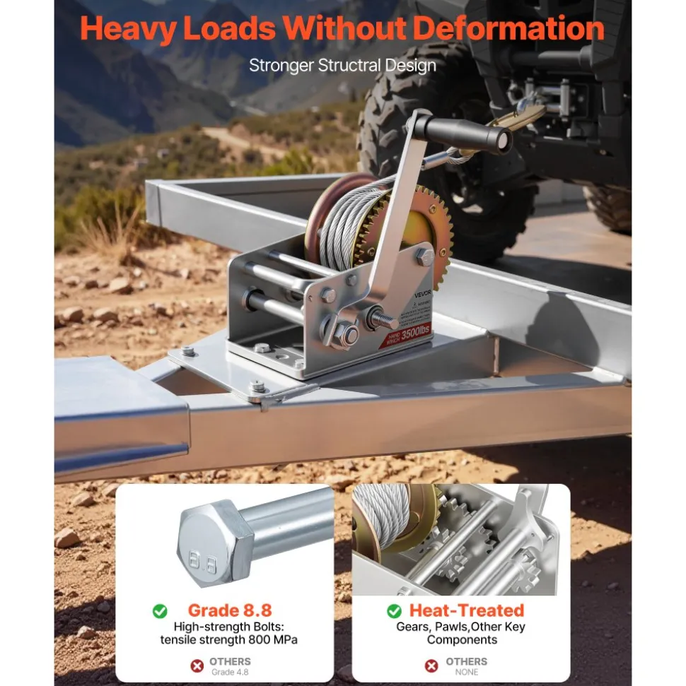 VEVOR Boat Winch, 3500 lbs Hand Winch, Heavy Duty Manual Rope Crank with 20ft Orange Polyester Strap, Portable Two-Way Ratchet, 2 Speed Switchable, Anti-Slip Handle Gear for Boat Trailer ATV Towing