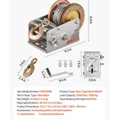 VEVOR Boat Winch, 3500 lbs Hand Winch, Heavy Duty Manual Rope Crank with 20ft Orange Polyester Strap, Portable Two-Way Ratchet, 2 Speed Switchable, Anti-Slip Handle Gear for Boat Trailer ATV Towing