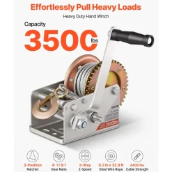 VEVOR Boat Winch, 3500 lbs Hand Winch, Heavy Duty Manual Rope Crank with 20ft Orange Polyester Strap, Portable Two-Way Ratchet, 2 Speed Switchable, Anti-Slip Handle Gear for Boat Trailer ATV Towing