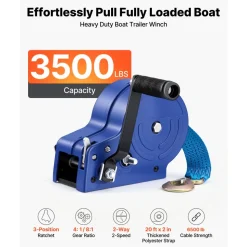 VEVOR Boat Winch, 3500 lbs Hand Winch, Heavy Duty Manual Rope Crank with 20ft Gray-Black Polyester Strap, Portable Two-Way Ratchet, Anti-Slip Handle Gear for Boat Trailer ATV Towing
