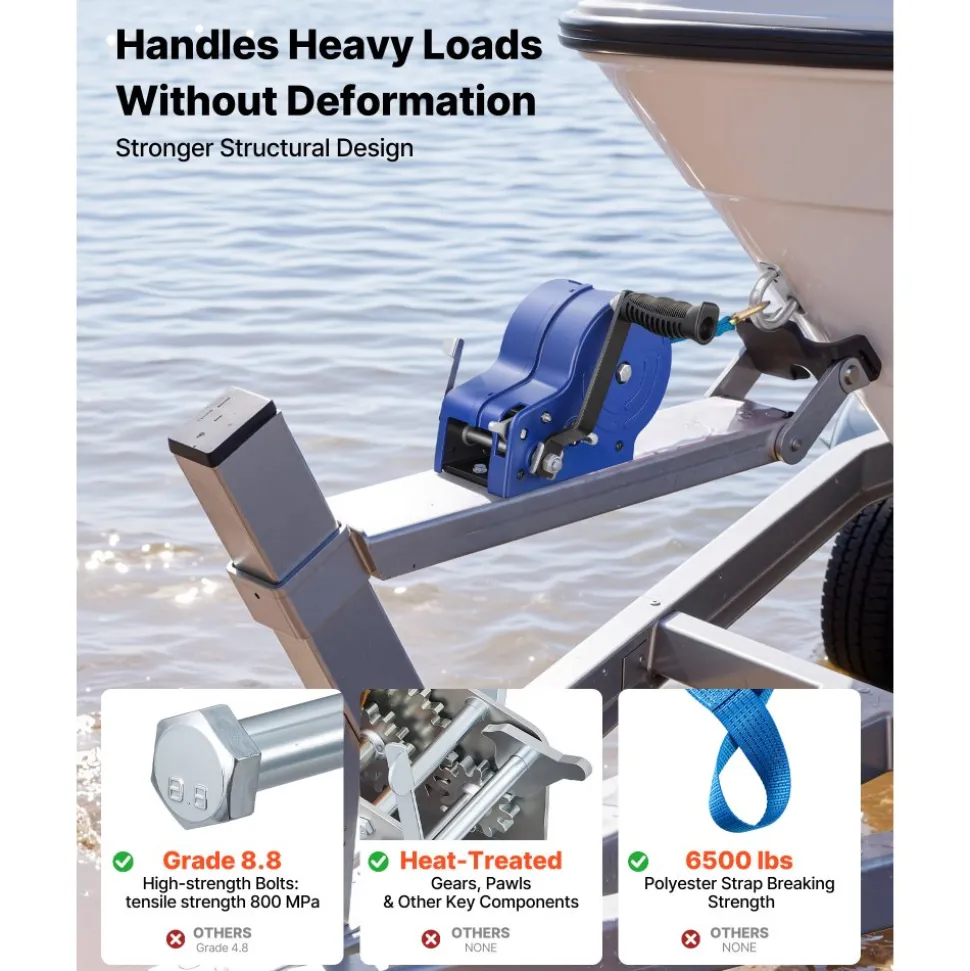 VEVOR Boat Winch, 3500 lbs Hand Winch, Heavy Duty Manual Rope Crank with 20ft Gray-Black Polyester Strap, Portable Two-Way Ratchet, Anti-Slip Handle Gear for Boat Trailer ATV Towing