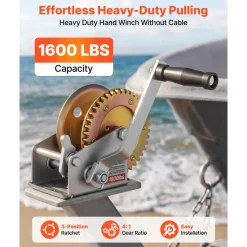 VEVOR Boat Winch, 1600 lbs Hand Winch, Heavy Duty Manual Rope Crank, Portable Two-Way Ratchet, 4: 1 Gear Ratio, Easy Installation Gear for Boat Trailer ATV Towing