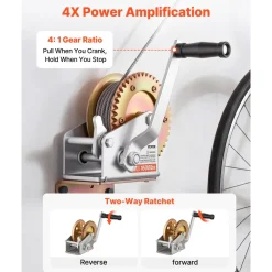 VEVOR Boat Winch, 1600 lbs Hand Winch, Heavy Duty Manual Rope Crank, Portable Two-Way Ratchet, 4: 1 Gear Ratio, Easy Installation Gear for Boat Trailer ATV Towing
