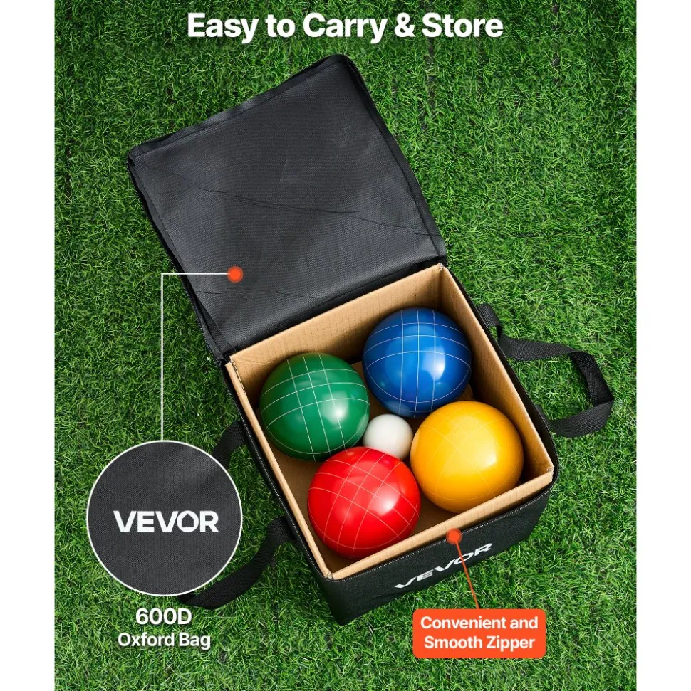 VEVOR Bocce Ball Set, 107 mm, with 8 Resin Balls, Pallino, Carrying Bag and Measuring Rope, Red/Green/Blue/Yellow 4 Colors, for 2 to 8 Players, Bocce Ball Game Set for Beach, Lawn, Family Backyard