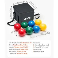 VEVOR Bocce Ball Set, 107 mm, with 8 Resin Balls, Pallino, Carrying Bag and Measuring Rope, Red/Green/Blue/Yellow 4 Colors, for 2 to 8 Players, Bocce Ball Game Set for Beach, Lawn, Family Backyard