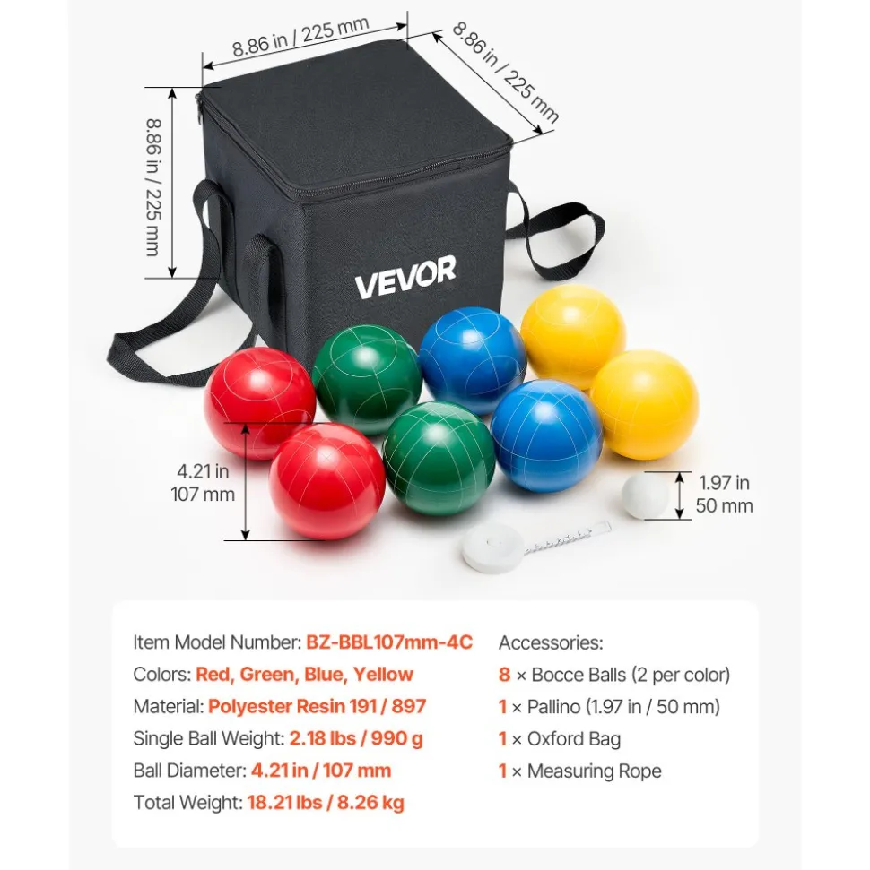 VEVOR Bocce Ball Set, 107 mm, with 8 Resin Balls, Pallino, Carrying Bag and Measuring Rope, Red/Green/Blue/Yellow 4 Colors, for 2 to 8 Players, Bocce Ball Game Set for Beach, Lawn, Family Backyard