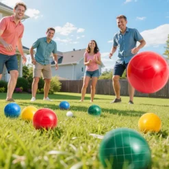 VEVOR Bocce Ball Set, 107 mm, with 8 Resin Balls, Pallino, Carrying Bag and Measuring Rope, Red/Green/Blue/Yellow 4 Colors, for 2 to 8 Players, Bocce Ball Game Set for Beach, Lawn, Family Backyard