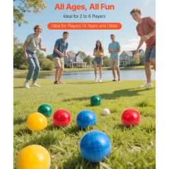 VEVOR Bocce Ball Set, 107 mm, with 8 Resin Balls, Pallino, Carrying Bag and Measuring Rope, Red/Green/Blue/Yellow 4 Colors, for 2 to 8 Players, Bocce Ball Game Set for Beach, Lawn, Family Backyard