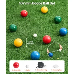 VEVOR Bocce Ball Set, 107 mm, with 8 Resin Balls, Pallino, Carrying Bag and Measuring Rope, Red/Green/Blue/Yellow 4 Colors, for 2 to 8 Players, Bocce Ball Game Set for Beach, Lawn, Family Backyard