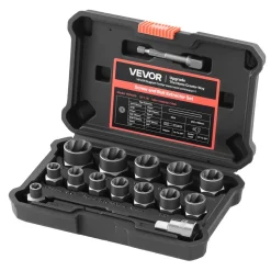 VEVOR Bolt Extractor Kit, 16 Pieces Impact Bolt & Nut Remover Set with Adapters and Pin Punch, Solid Storage Case, Cr-Mo Steel for Removing Damaged, Rusted, Stripped, Rounded Bolts, Nuts and Screws