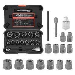 VEVOR Bolt Extractor Kit, 16 Pieces Impact Bolt & Nut Remover Set with Adapters and Pin Punch, Solid Storage Case, Cr-Mo Steel for Removing Damaged, Rusted, Stripped, Rounded Bolts, Nuts and Screws