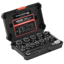 VEVOR Bolt Extractor Kit, 16 Pieces Impact Bolt & Nut Remover Set with Adapters and Pin Punch, Solid Storage Case, Cr-Mo Steel for Removing Damaged, Rusted, Stripped, Rounded Bolts, Nuts and Screws