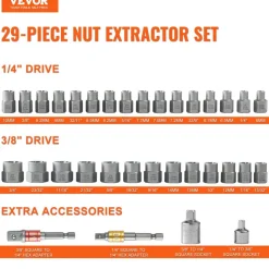 VEVOR Bolt Extractor Set, 29-Piece Bolt and Nut Remover Set, 6mm to 10mm, 13/32" to 3/4", CR-MO Steel Extraction Socket Set with Storage Case, for Removing Damaged Rusted Bolts, Nuts and Screws