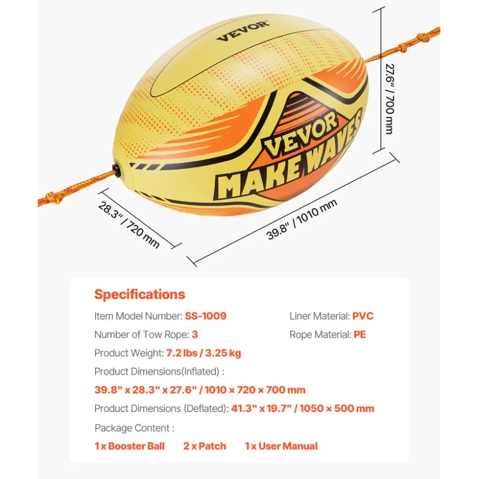 VEVOR Booster Ball, Towable Tube Rope Performance Ball, Thickened PVC Inflatable Booster Balls for Boating and Water Sports - with High Tensile Strength Rope and Speed Safety Valve