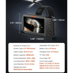 VEVOR Borescope Camera, Triple Lens Endoscope Camera with Light, 4.5" Screen 1080P Inspection Camera with 10 LED Light, IP67 Waterproof Drain Snake Camera for Auto, Plumbing (16.5FT Cable, 32GB Card)
