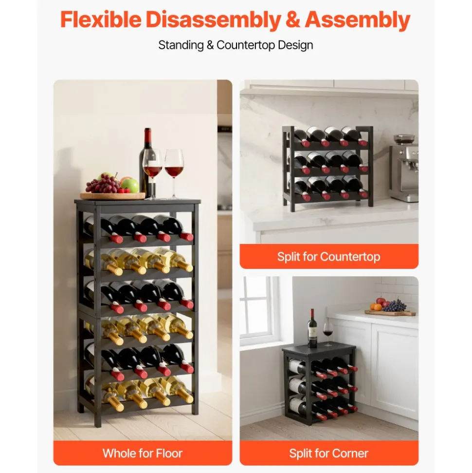 VEVOR 24 Bottle Detachable Wine Rack, 6-Tier Wine Bottle Holder, Freestanding Floor Display Wine Storage Shelves with Table Top, For Kitchen,Cellar,Bar,Dining Room,Living Room, Black