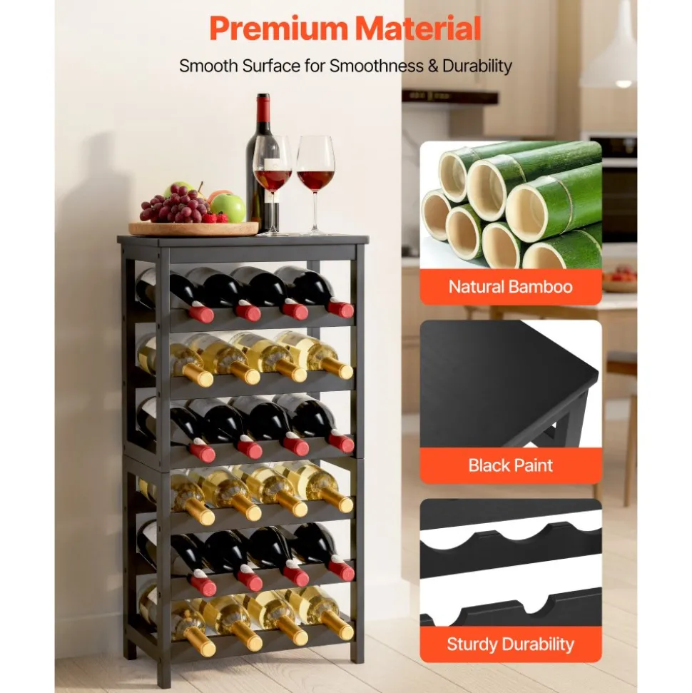 VEVOR 24 Bottle Detachable Wine Rack, 6-Tier Wine Bottle Holder, Freestanding Floor Display Wine Storage Shelves with Table Top, For Kitchen,Cellar,Bar,Dining Room,Living Room, Black