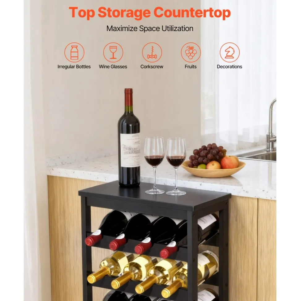 VEVOR 24 Bottle Detachable Wine Rack, 6-Tier Wine Bottle Holder, Freestanding Floor Display Wine Storage Shelves with Table Top, For Kitchen,Cellar,Bar,Dining Room,Living Room, Black