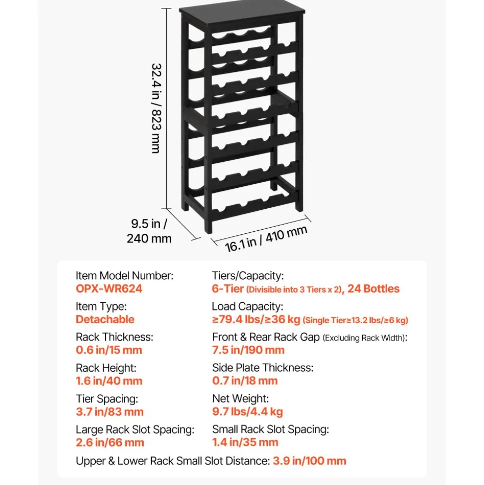 VEVOR 24 Bottle Detachable Wine Rack, 6-Tier Wine Bottle Holder, Freestanding Floor Display Wine Storage Shelves with Table Top, For Kitchen,Cellar,Bar,Dining Room,Living Room, Black