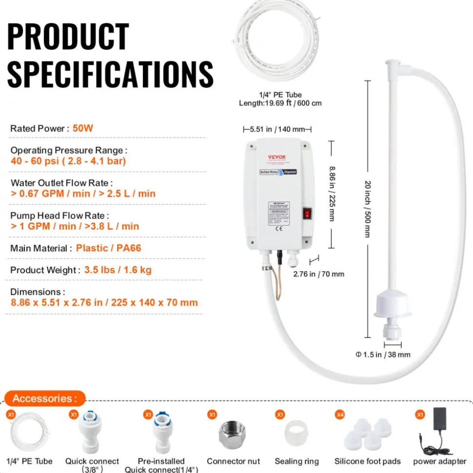 VEVOR Bottled Water Dispenser Pump System, 5 Gallon Dispensing System, Automatic Electric Water Dispenser, Single Inlet Water Jug Pump, Compatible Use with Coffee/Tea Machine, Refrigerator, Ice Maker