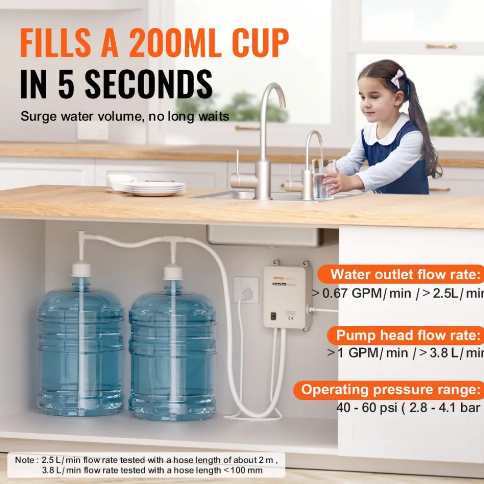VEVOR Bottled Water Dispenser Pump System, 2x5 Gallon Dispensing System, Automatic Electric Water Dispenser, Double-Pipe Water Jug Pump, Compatible Use with Coffee/Tea Machine, Refrigerator, Ice Maker