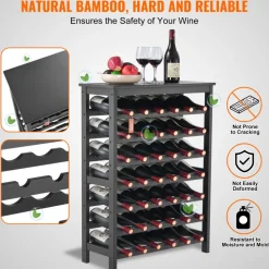 VEVOR 42 Bottle Modular Wine Rack, 7-Tier Solid Bamboo Wood Storage Racks with Table Top, Floor Freestanding Wines Holder Display Shelf, Wobble-Free Shelves for Kitchen, Bar, and Cellar (Black)