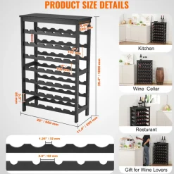 VEVOR 42 Bottle Modular Wine Rack, 7-Tier Solid Bamboo Wood Storage Racks with Table Top, Floor Freestanding Wines Holder Display Shelf, Wobble-Free Shelves for Kitchen, Bar, and Cellar (Black)