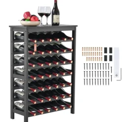 VEVOR 42 Bottle Modular Wine Rack, 7-Tier Solid Bamboo Wood Storage Racks with Table Top, Floor Freestanding Wines Holder Display Shelf, Wobble-Free Shelves for Kitchen, Bar, and Cellar (Black)