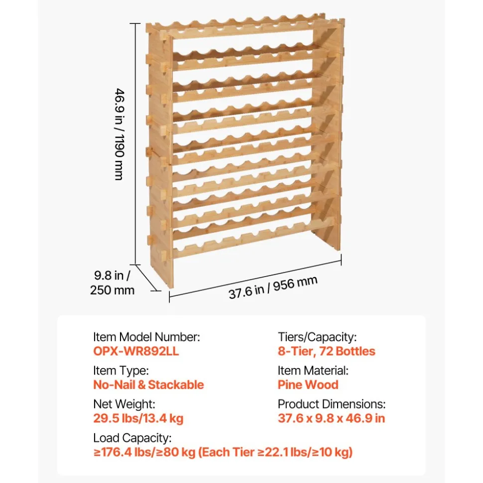 VEVOR 72 Bottle Stackable Modular Wine Rack, 8-Tier, Floor Freestanding Wine Storage Rack, Sturdy Wines Holder Display Shelf, Wobble-Free Shelves, Easy Assembly, for Kitchen, Cellar, and Bar, Natural