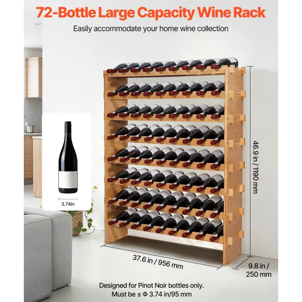 VEVOR 72 Bottle Stackable Modular Wine Rack, 8-Tier, Floor Freestanding Wine Storage Rack, Sturdy Wines Holder Display Shelf, Wobble-Free Shelves, Easy Assembly, for Kitchen, Cellar, and Bar, Natural