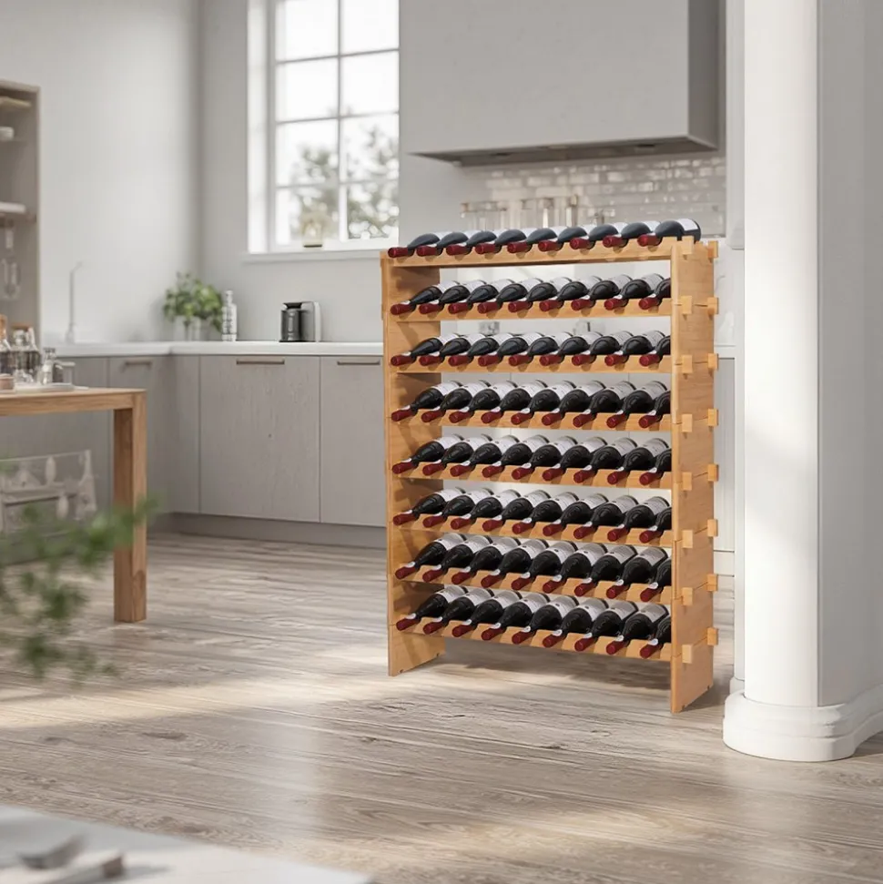 VEVOR 72 Bottle Stackable Modular Wine Rack, 8-Tier, Floor Freestanding Wine Storage Rack, Sturdy Wines Holder Display Shelf, Wobble-Free Shelves, Easy Assembly, for Kitchen, Cellar, and Bar, Natural