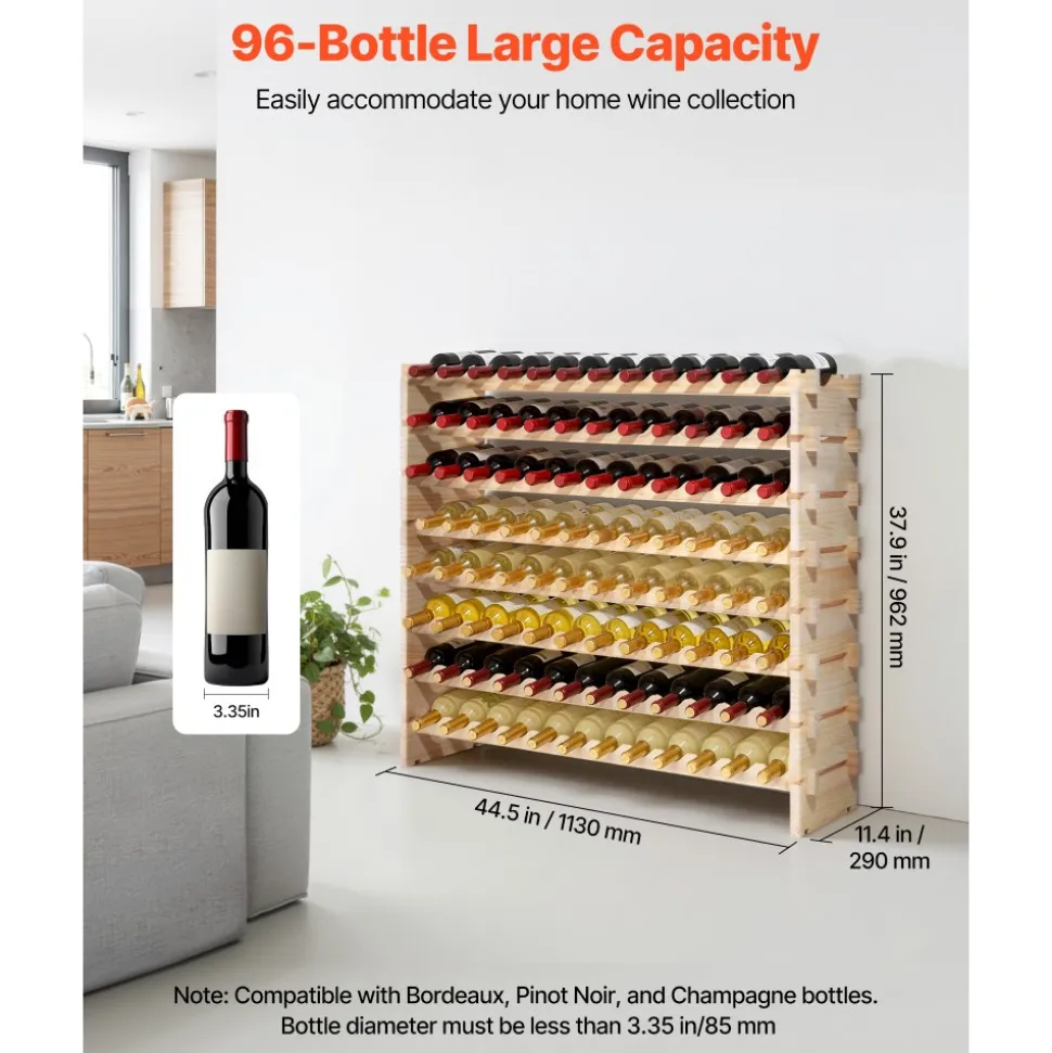 VEVOR 96 Bottle Stackable Modular Wine Rack, 8-Tier Wine Bottle Holder,Solid Wood Floor Freestanding Wine Storage Rack For Pinot Noir bottles,For Kitchen, Cellar, and Bar, Natural
