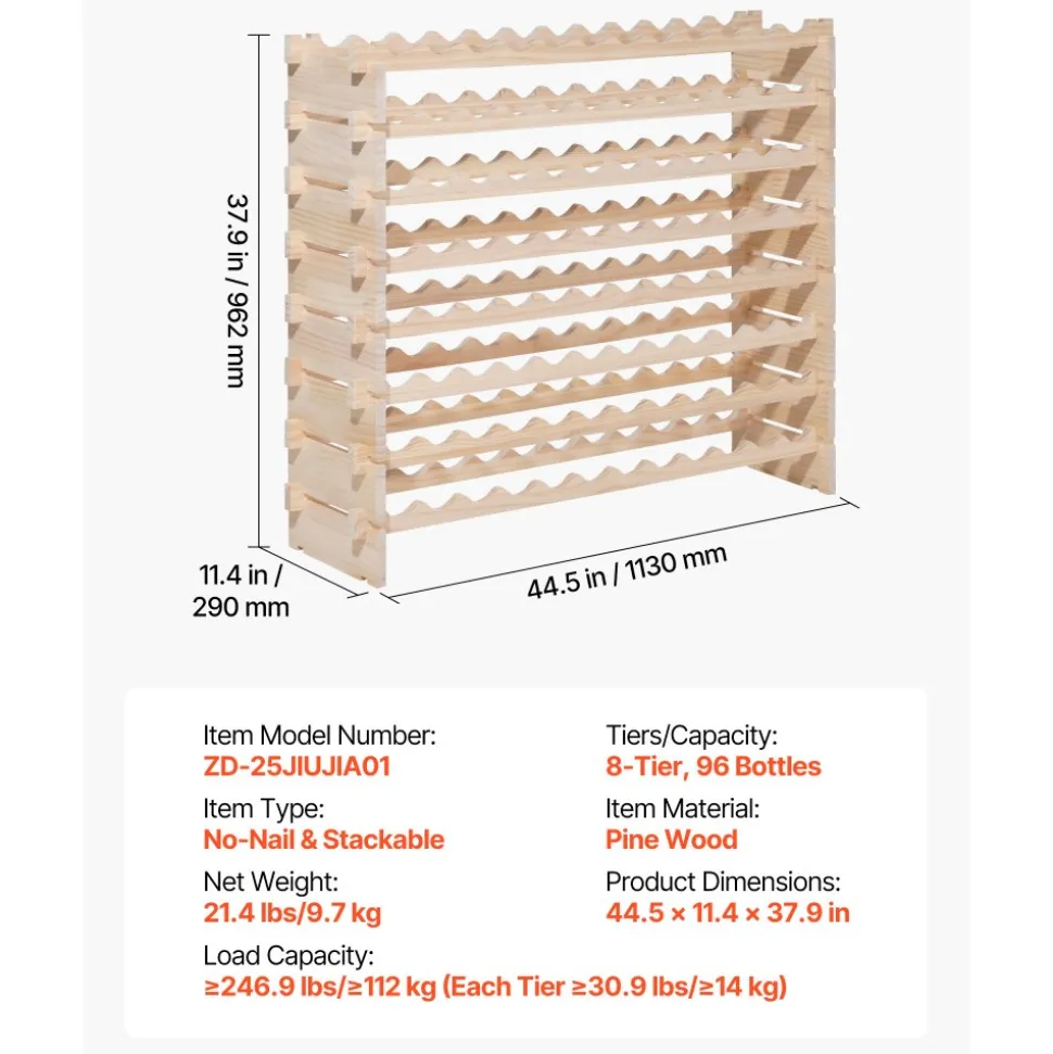 VEVOR 96 Bottle Stackable Modular Wine Rack, 8-Tier Wine Bottle Holder,Solid Wood Floor Freestanding Wine Storage Rack For Pinot Noir bottles,For Kitchen, Cellar, and Bar, Natural