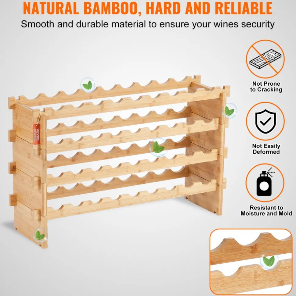 VEVOR 36 Bottle Stackable Modular Wine Rack, 4-Tier Solid Bamboo Wood Storage Racks, Floor Freestanding Wines Holder Display Shelf, Wobble-Free Shelves for Kitchen, Bar, and Cellar (Natural Color)