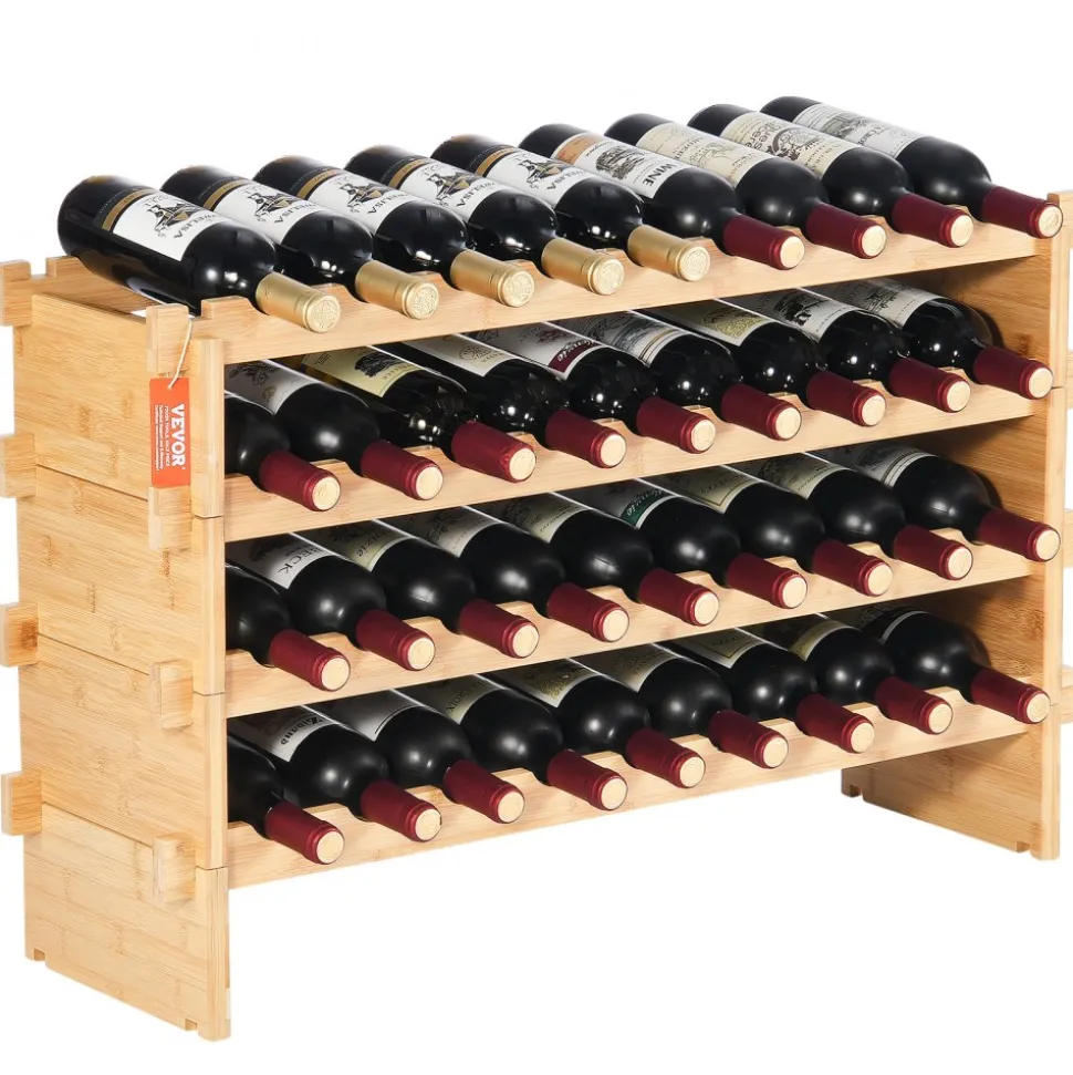 VEVOR 36 Bottle Stackable Modular Wine Rack, 4-Tier Solid Bamboo Wood Storage Racks, Floor Freestanding Wines Holder Display Shelf, Wobble-Free Shelves for Kitchen, Bar, and Cellar (Natural Color)