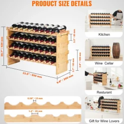 VEVOR 36 Bottle Stackable Modular Wine Rack, 4-Tier Solid Bamboo Wood Storage Racks, Floor Freestanding Wines Holder Display Shelf, Wobble-Free Shelves for Kitchen, Bar, and Cellar (Natural Color)