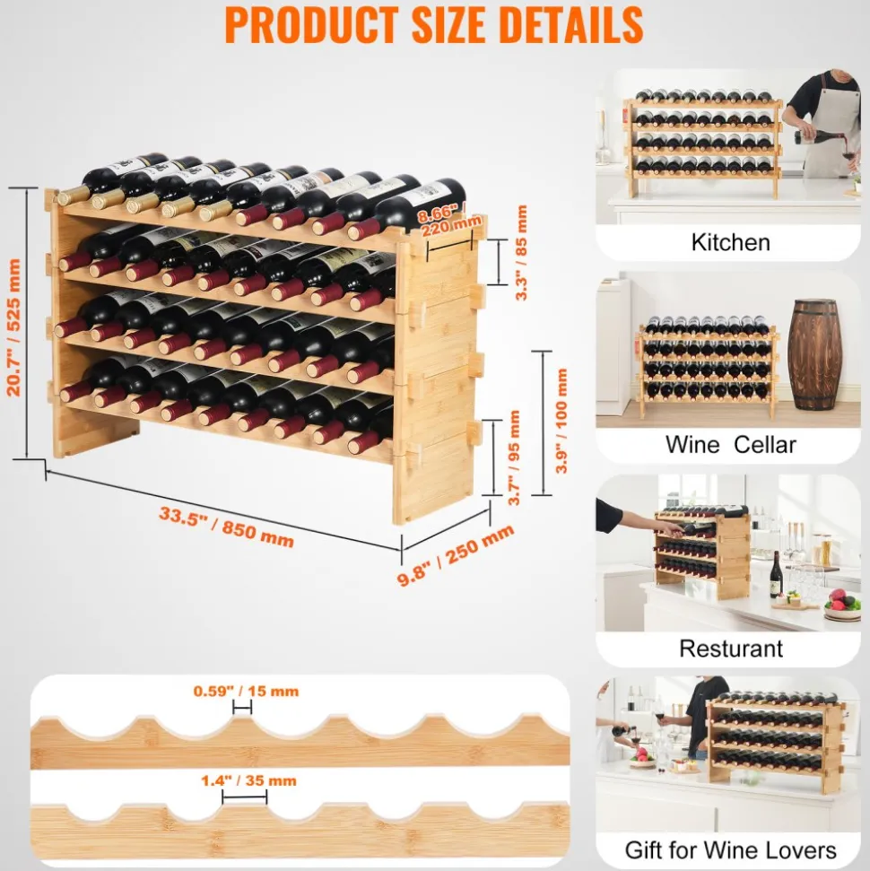 VEVOR 36 Bottle Stackable Modular Wine Rack, 4-Tier Solid Bamboo Wood Storage Racks, Floor Freestanding Wines Holder Display Shelf, Wobble-Free Shelves for Kitchen, Bar, and Cellar (Natural Color)
