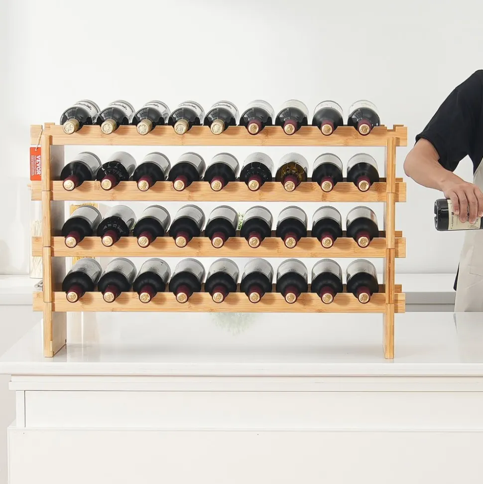 VEVOR 36 Bottle Stackable Modular Wine Rack, 4-Tier Solid Bamboo Wood Storage Racks, Floor Freestanding Wines Holder Display Shelf, Wobble-Free Shelves for Kitchen, Bar, and Cellar (Natural Color)