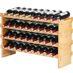 VEVOR 36 Bottle Stackable Modular Wine Rack, 4-Tier Solid Bamboo Wood Storage Racks, Floor Freestanding Wines Holder Display Shelf, Wobble-Free Shelves for Kitchen, Bar, and Cellar (Natural Color)