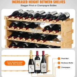VEVOR 36 Bottle Stackable Modular Wine Rack, 4-Tier Solid Bamboo Wood Storage Racks, Floor Freestanding Wines Holder Display Shelf, Wobble-Free Shelves for Kitchen, Bar, and Cellar (Natural Color)