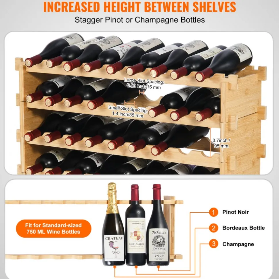 VEVOR 36 Bottle Stackable Modular Wine Rack, 4-Tier Solid Bamboo Wood Storage Racks, Floor Freestanding Wines Holder Display Shelf, Wobble-Free Shelves for Kitchen, Bar, and Cellar (Natural Color)