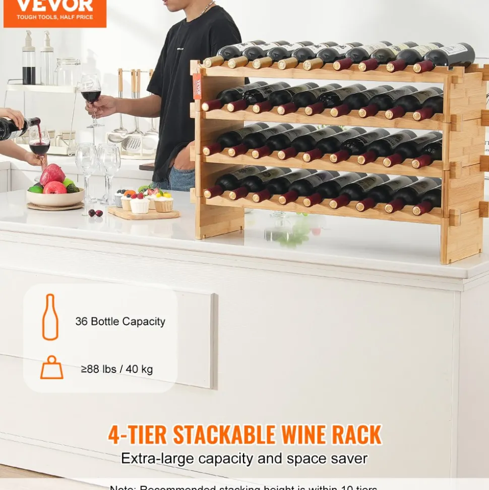 VEVOR 36 Bottle Stackable Modular Wine Rack, 4-Tier Solid Bamboo Wood Storage Racks, Floor Freestanding Wines Holder Display Shelf, Wobble-Free Shelves for Kitchen, Bar, and Cellar (Natural Color)