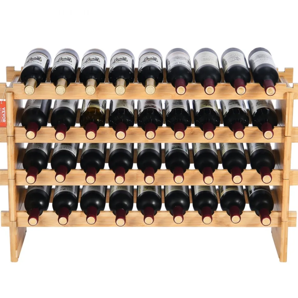 VEVOR 36 Bottle Stackable Modular Wine Rack, 4-Tier Solid Bamboo Wood Storage Racks, Floor Freestanding Wines Holder Display Shelf, Wobble-Free Shelves for Kitchen, Bar, and Cellar (Natural Color)