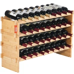 VEVOR 36 Bottle Stackable Modular Wine Rack, 4-Tier Solid Bamboo Wood Storage Racks, Floor Freestanding Wines Holder Display Shelf, Wobble-Free Shelves for Kitchen, Bar, and Cellar (Natural Color)