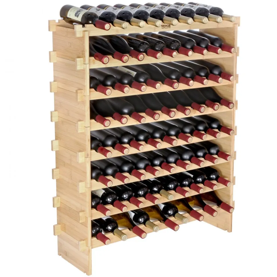 VEVOR 72 Bottle Stackable Modular Wine Rack, 8-Tier Solid Bamboo Wood Storage Racks, Floor Freestanding Wines Holder Display Shelf, Wobble-Free Shelves for Kitchen, Bar, and Cellar (Natural Color)