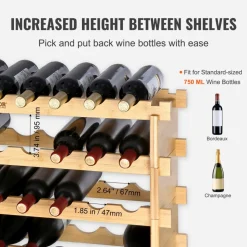 VEVOR 48 Bottle Stackable Modular Wine Rack, 6-Tier Solid Bamboo Wood Storage Racks, Floor Freestanding Wines Holder Display Shelf, Wobble-Free Shelves for Kitchen, Bar, and Cellar (Natural Color)