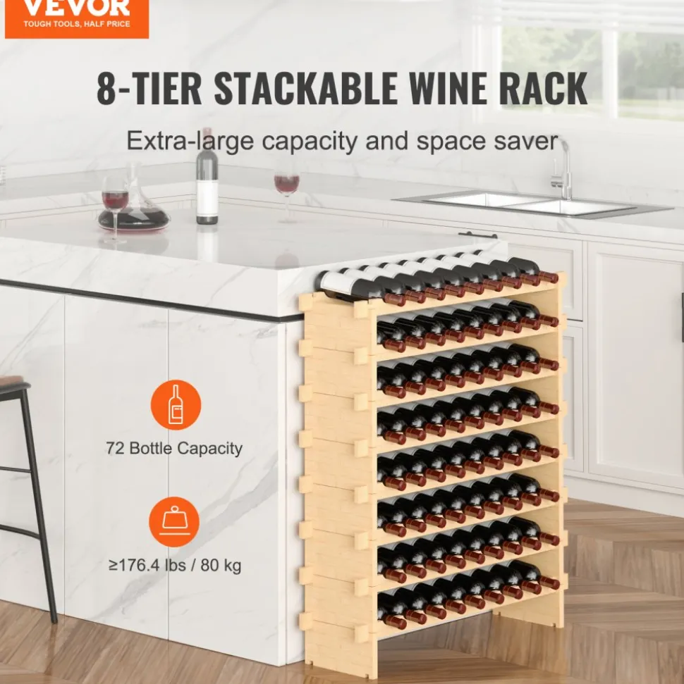 VEVOR 72 Bottle Stackable Modular Wine Rack, 8-Tier Solid Bamboo Wood Storage Racks, Floor Freestanding Wines Holder Display Shelf, Wobble-Free Shelves for Kitchen, Bar, and Cellar (Natural Color)